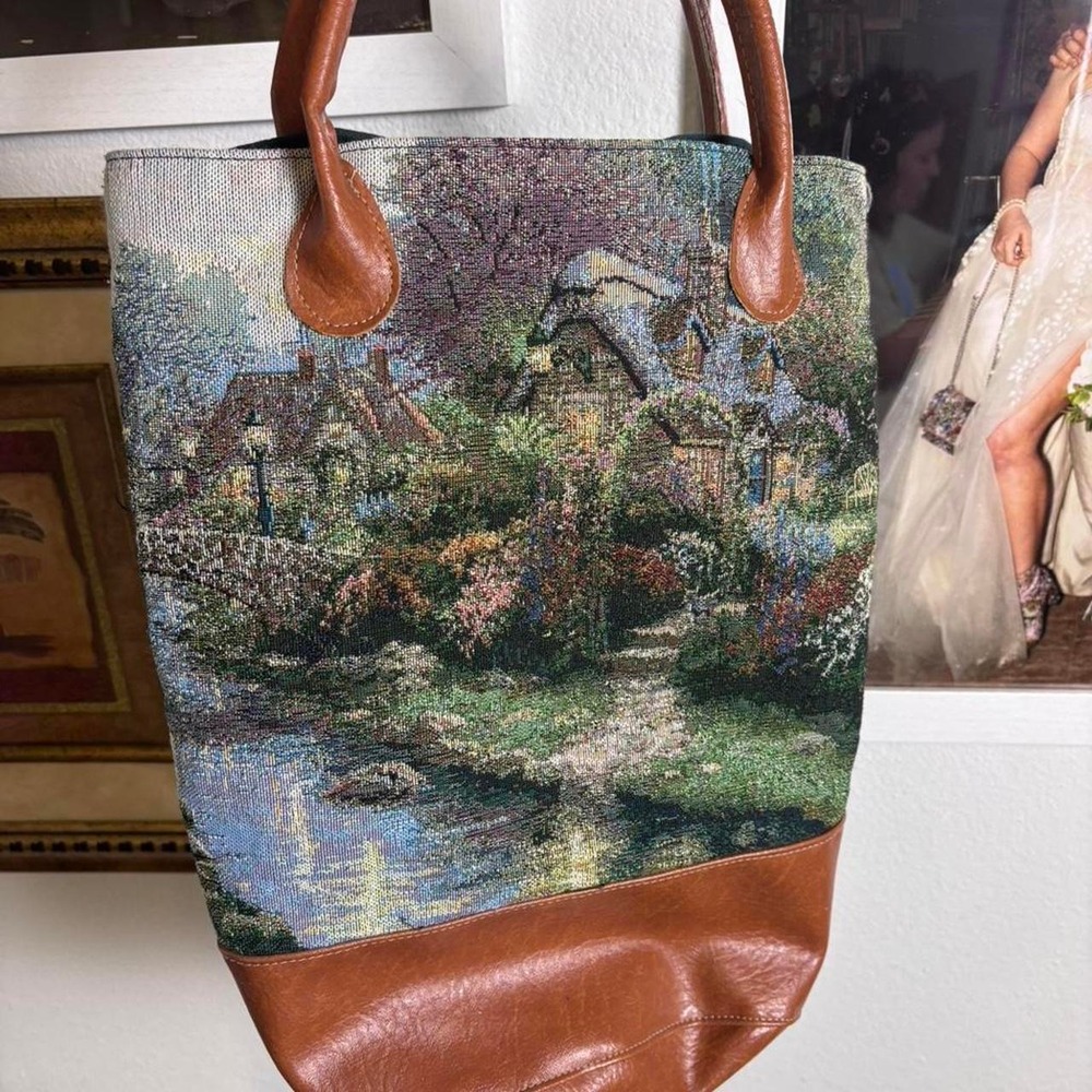 Thomas kinkade cottage core tapestry bag vintage made in USA art to wear